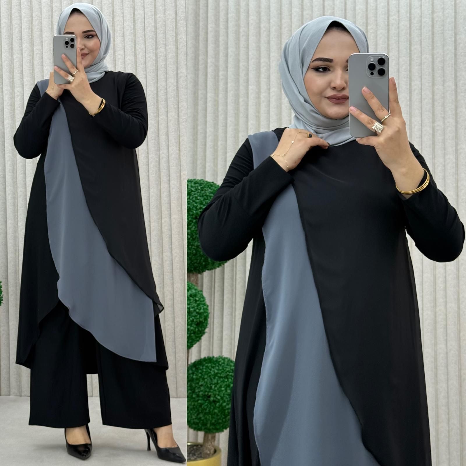 Sündüs Takım İkili Pantolonlu Takım - Siyah/Füme